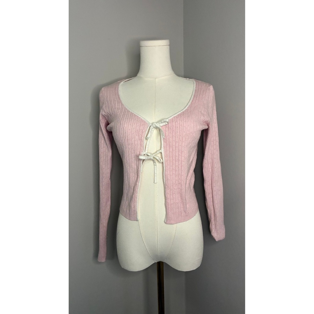 Sincerely Jules Pink Pointelle Tie Front Cardigan Small Coquette Y2K Bow